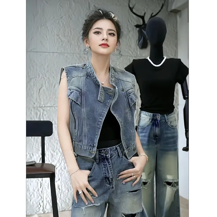 欧货牛仔马甲女洋气无袖坎肩薄外套2024夏新款背心马夹上衣外穿潮