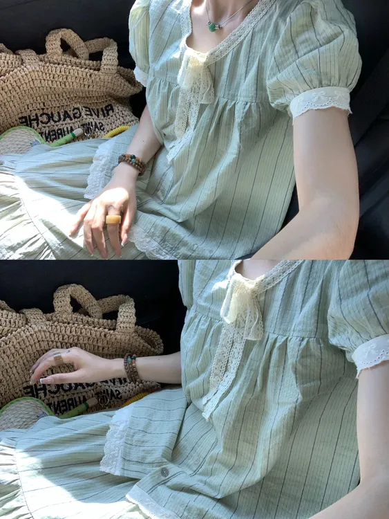 甜美温柔风蕾丝边泡泡袖衬衫上衣高腰显瘦条纹裙夏季新款时尚女装