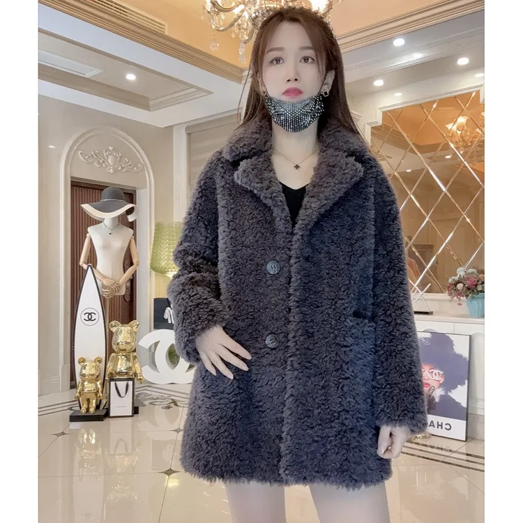 【猫姐家】时尚显瘦翻领外套女加厚毛毛外套羊毛一体海宁皮草保暖