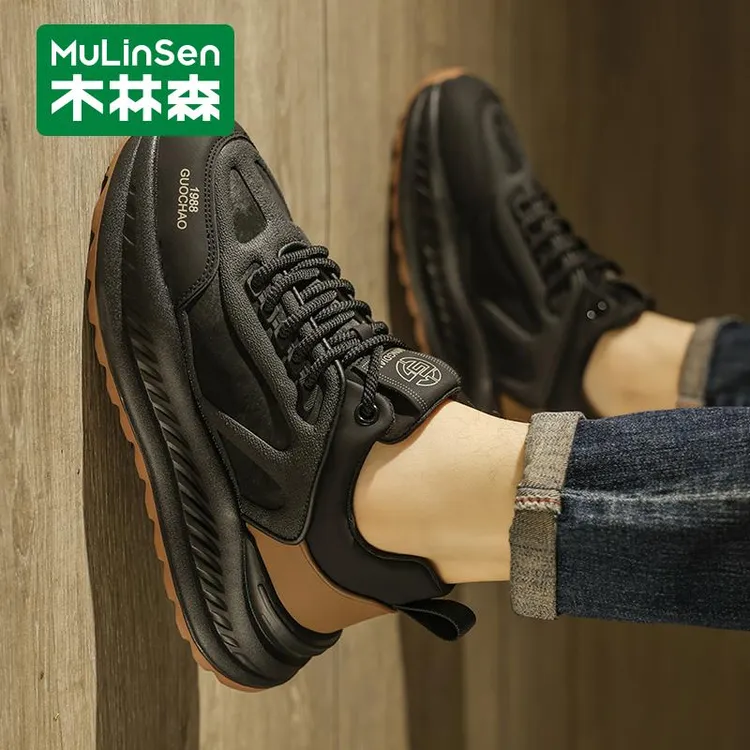 木林森莆田男鞋2024新款秋冬季休闲跑步运动鞋厚底增高黑色软皮老