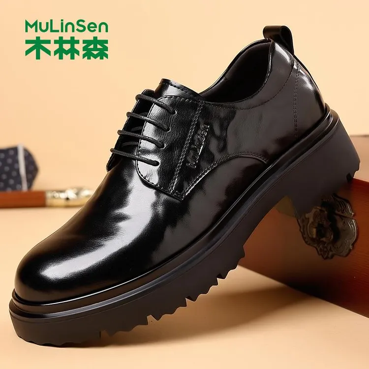木林森皮鞋男秋季正品商务正装德比鞋英伦风厚底增高结婚新郎鞋