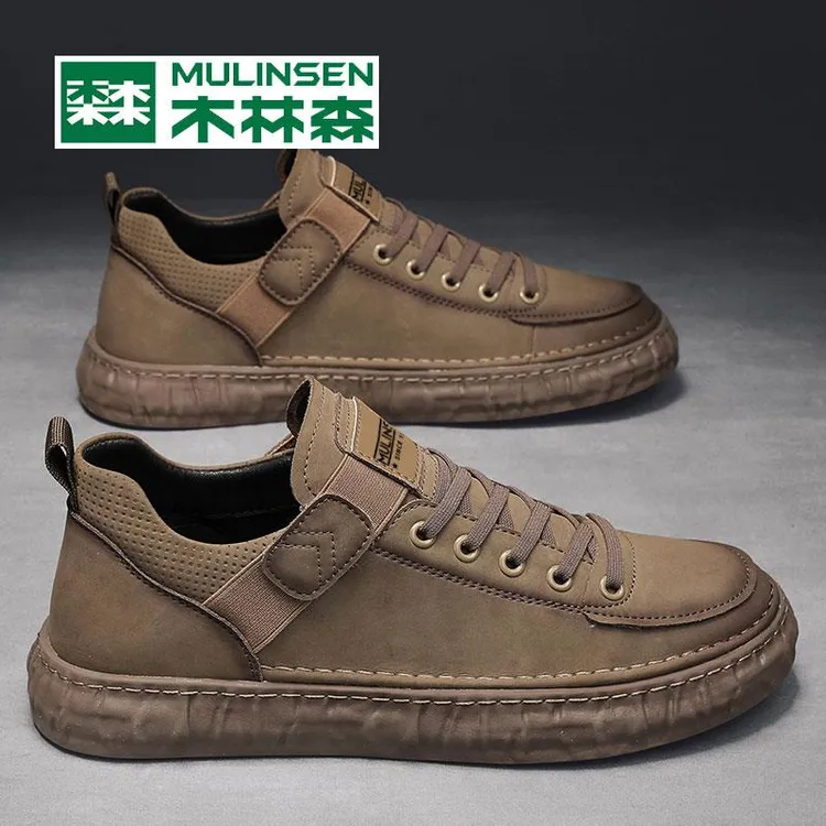 木林森男鞋工作鞋春秋2024新款皮面休闲板鞋男士夏季复古英伦潮鞋