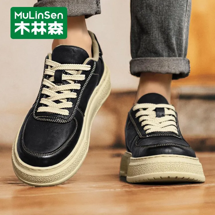 木林森男鞋春秋2025新款百搭工作休闲正品皮鞋运动休闲厚底增高黑