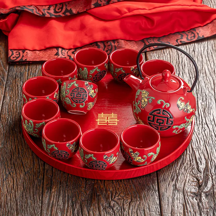中式高档红色结婚陶瓷茶具套装茶壶伴手礼婚庆用品新娘嫁妆回礼物