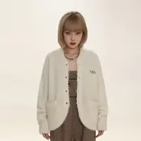 DNT/韩火火 慵懒风纯色气质温柔毛衣小刺绣标长袖针织开衫外套