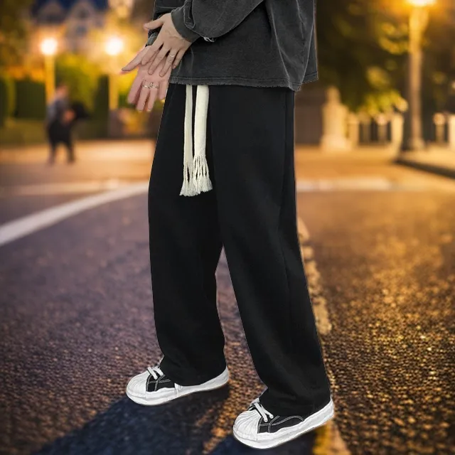 男士休闲裤百搭高街垂感直筒卫裤ins港风抽绳宽松潮流长裤阔腿裤