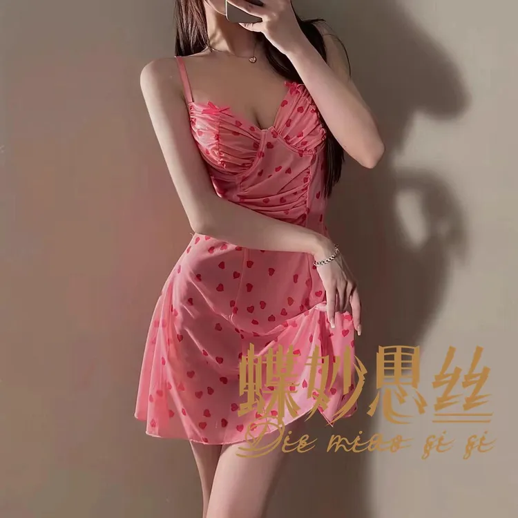 蝶妙思丝性感睡衣纯欲桃色吊带裙小胸睡衣性感制服爱心镂空套装女