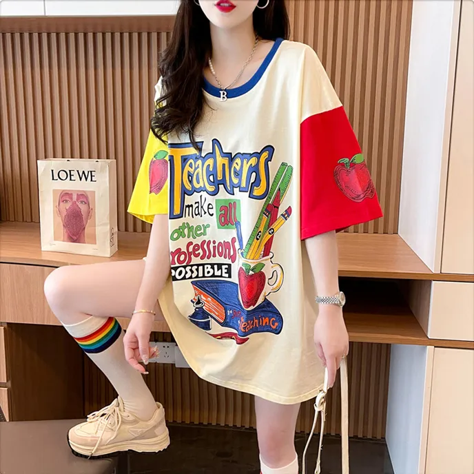 欧货大码短袖t恤女夏季2023新款韩版宽松减龄百搭撞色半袖上衣潮