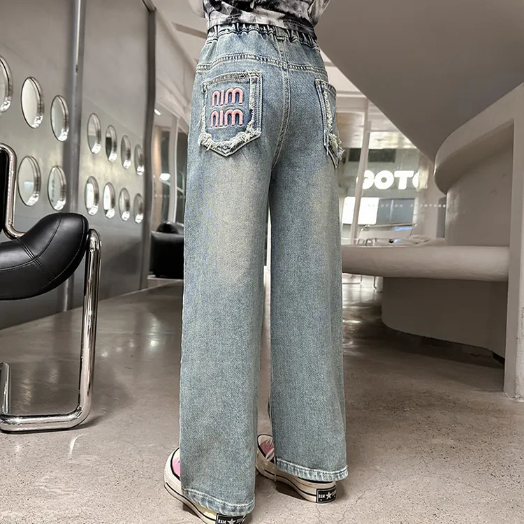 女童牛仔裤中大童儿童2024春季新款绣花洋气韩版直筒阔腿裤潮长裤