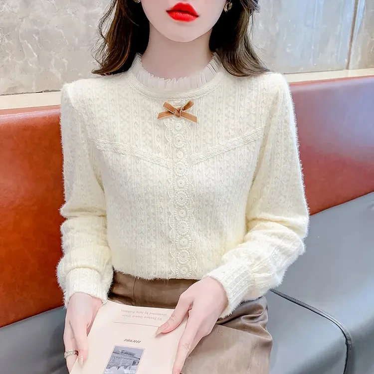 法式木耳边加绒加厚蕾丝打底衫2024秋冬新款内搭保暖小衫长袖上衣