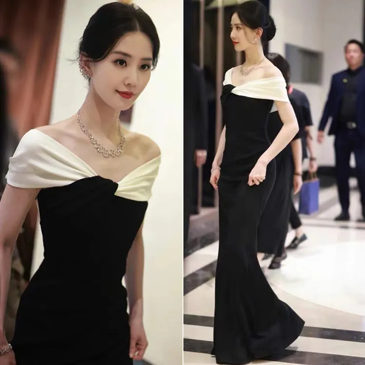 明星同款名媛年会主持人晚礼服长时尚气质显瘦车模特一字肩连衣裙