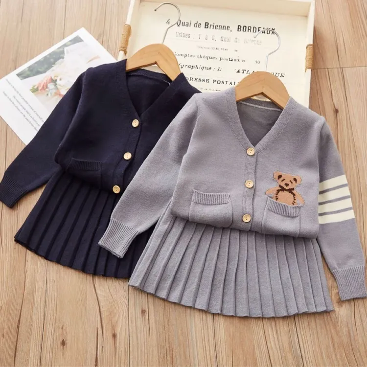 儿童秋冬A类针织衫套装女童纯色学院风两件套中小童开衫毛衣套装