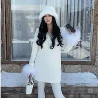 DUOMI【白雪美人】白色V领满身点点钻长袖毛毛袖连衣裙LYQ12704