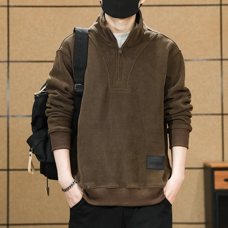 秋冬360g重磅灯芯绒卫衣男美式复古刺绣Polo衫宽松半拉链立领上衣