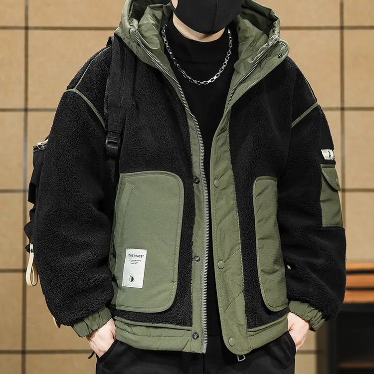 连帽羽绒服男冬季加厚保暖美式潮牌工装风外套拼接撞色羊羔绒衣服