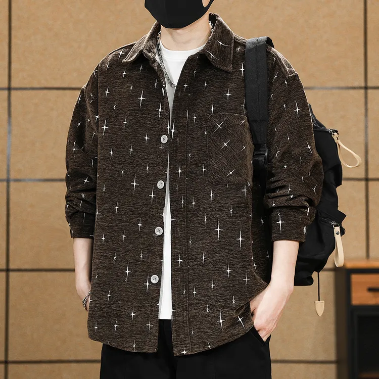 潮牌ins星星提花衬衫男重磅雪尼尔翻领外套秋季美式休闲长袖衬衣
