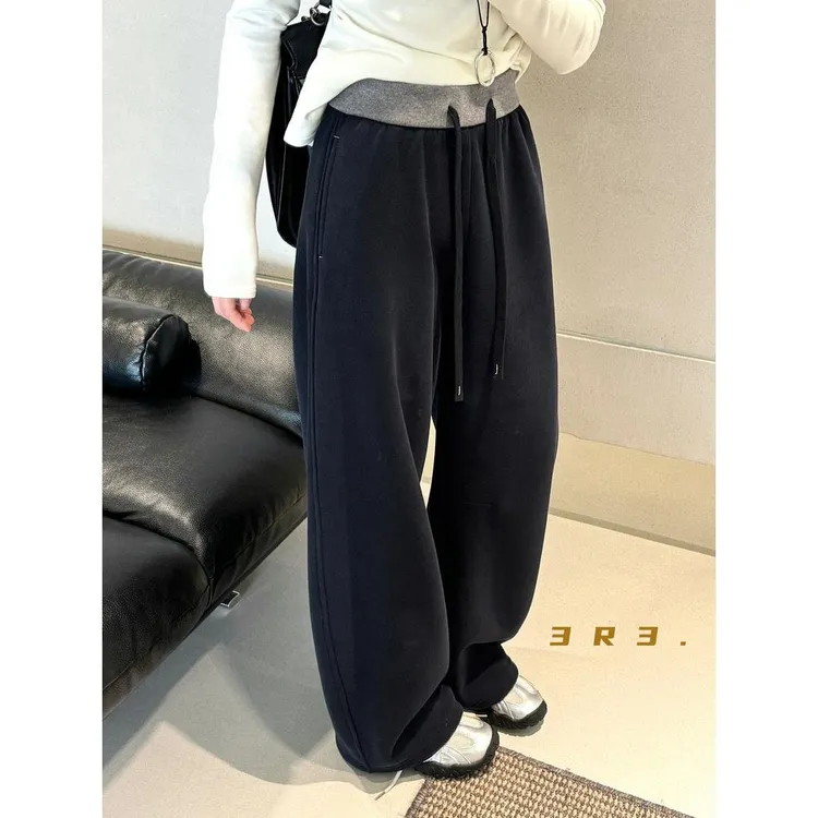 高级清冷干净女裤韩系加绒上班裤子秋冬女宽松加厚弯刀裤休闲卫裤