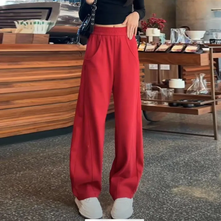 2024春季薄款红色香蕉裤女宽松显瘦长裤子高腰直筒拖地弯刀休闲裤