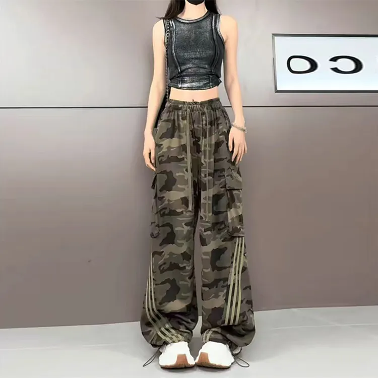 美式夏季新款辣妹复古迷彩裤工装裤女高腰休闲直筒裤拖地阔腿裤子