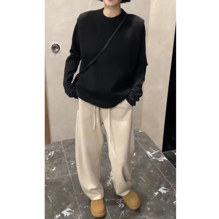 宽松极简弧线休闲裤2025秋款微胖穿搭米白色弯刀裤女显瘦阔腿裤子