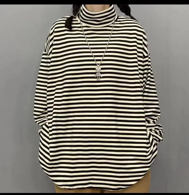 原创新款条纹高领女秋冬加厚德绒保暖宽松大码时髦时尚洋气打底衫