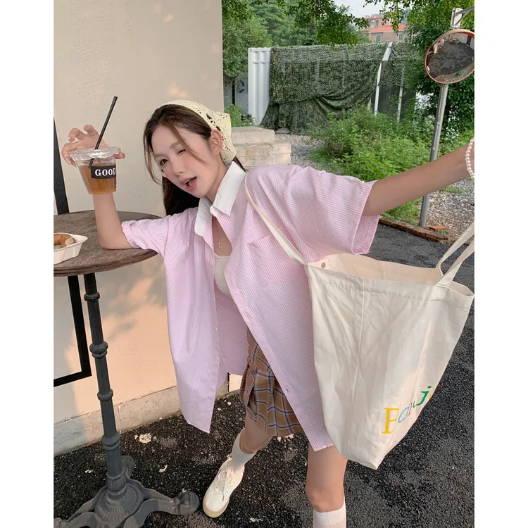 韩系学院风粉色短袖衬衫女2025夏季宽松显瘦小个子衬衣百搭上衣潮