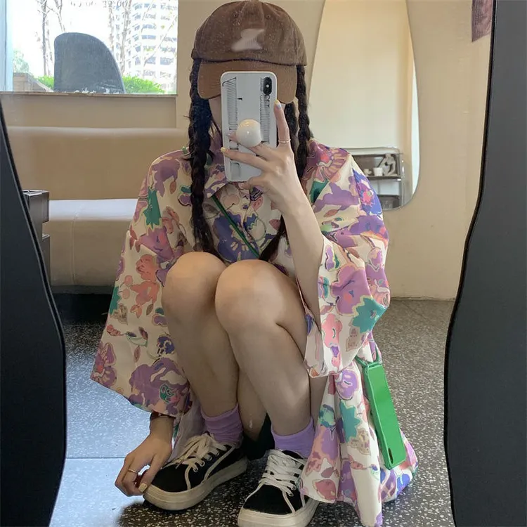 印花短袖衬衫夏季美式复古宽松衬衣潮牌设计感休闲开衫防晒外套女