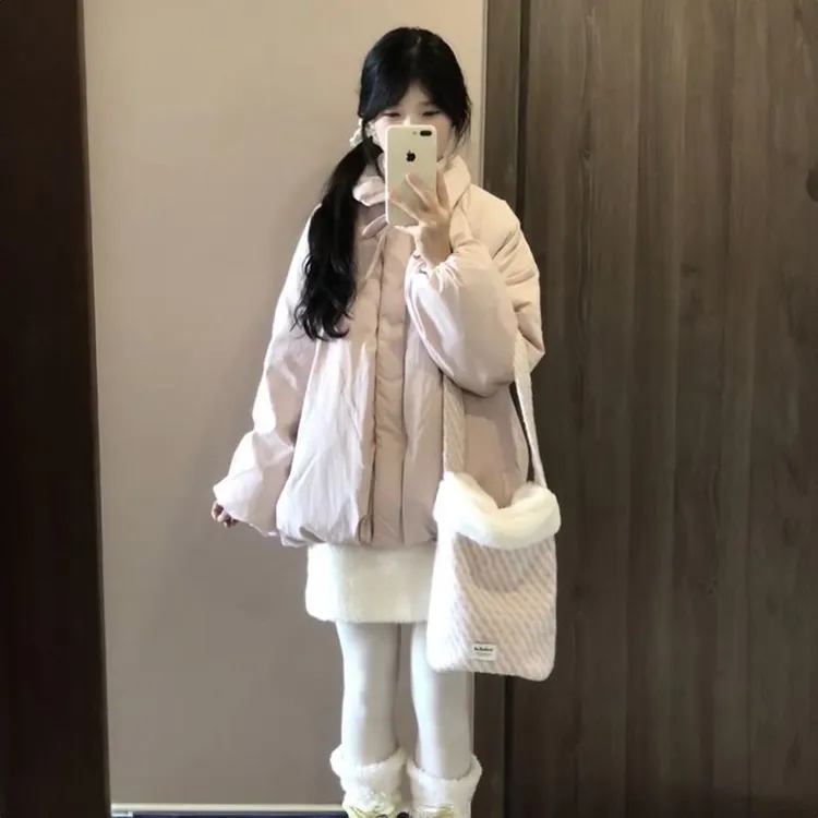 甜美粉色花苞棉服外套女冬季2024新款保暖棉衣韩系加厚面包服上衣