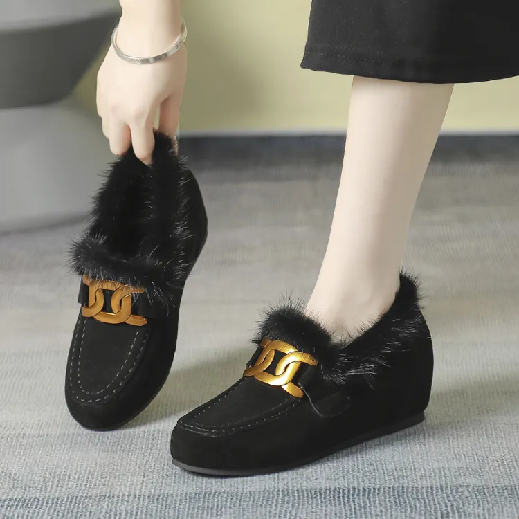 真皮貂毛女士毛毛鞋女冬季外穿时尚内增高豆豆鞋加绒保暖休闲棉鞋