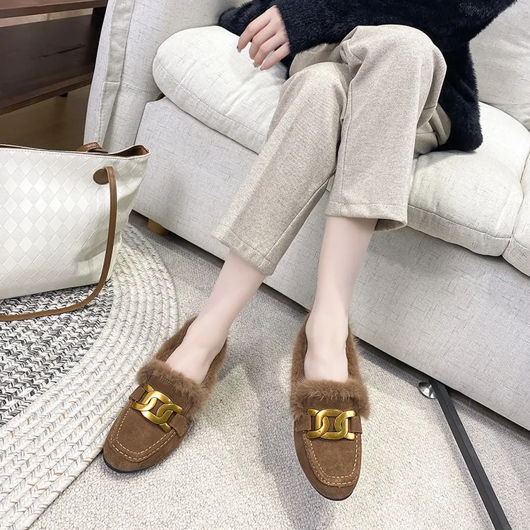 毛毛鞋女秋冬季外穿网红内增高豆豆鞋加绒保暖一脚蹬女士妈妈棉鞋