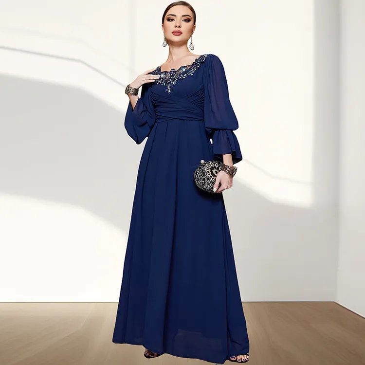 土耳其埃及女气质优雅长袖连衣裙V领高贵手工缝钻领礼服新疆长裙