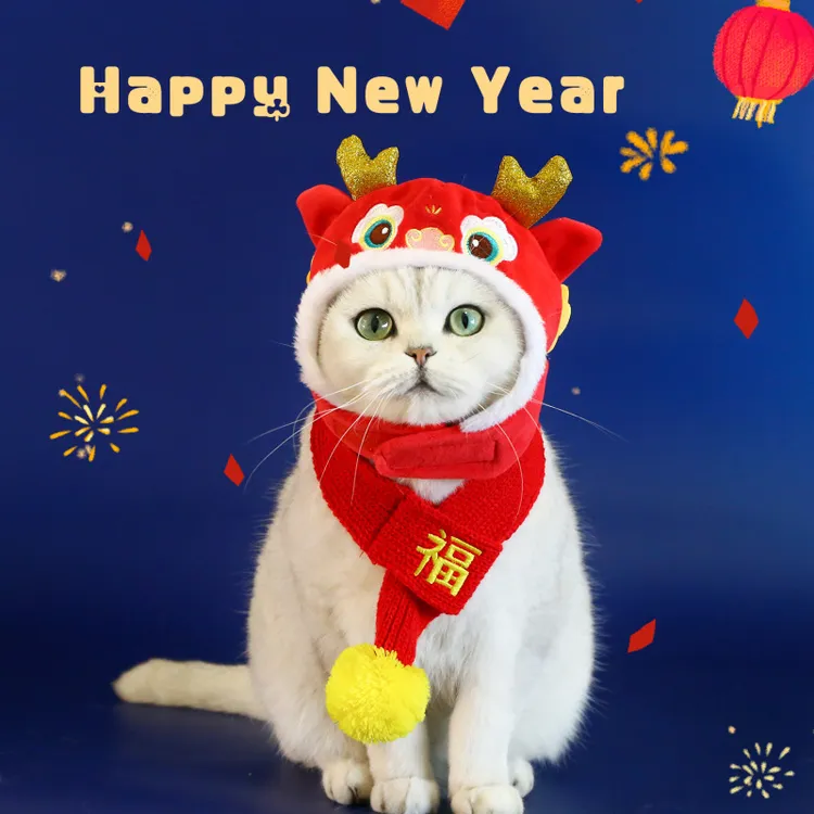 龙年春节猫咪帽子头套秋冬狗狗新年红色国潮喜庆毛绒保暖头套冬季