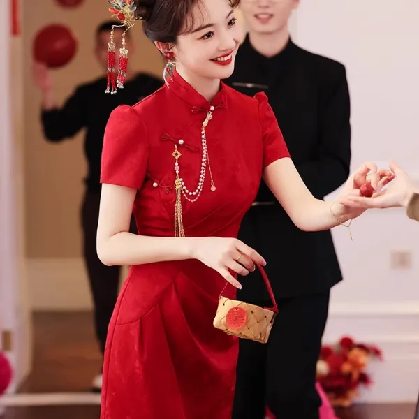 改良旗袍红色敬酒服新娘小个子夏季订婚礼服连衣裙中式结婚显瘦女
