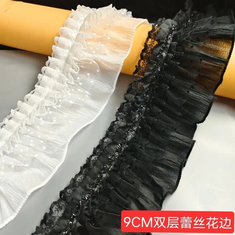 新款双层褶皱蕾丝花边COS洛丽塔服饰装饰diy裙边网纱下摆领口花边