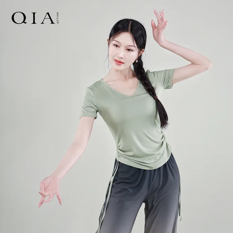 琪亚成人舞蹈服现代舞练功服短袖V领上衣女古典民族舞跳舞服宽松