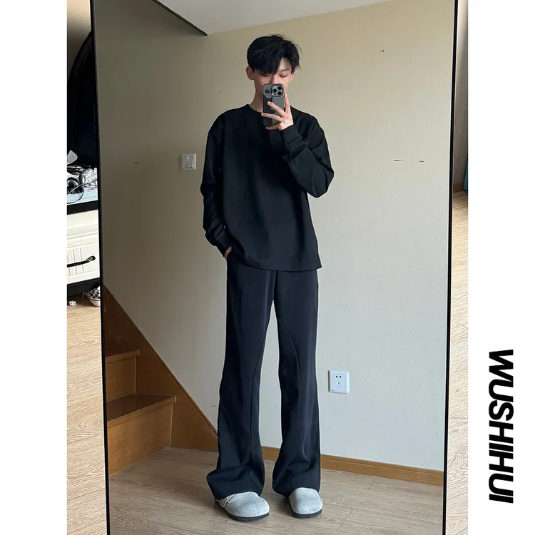 2025四季百搭休闲西裤男垂感微喇叭长裤宽松显瘦黑色直筒西装裤子