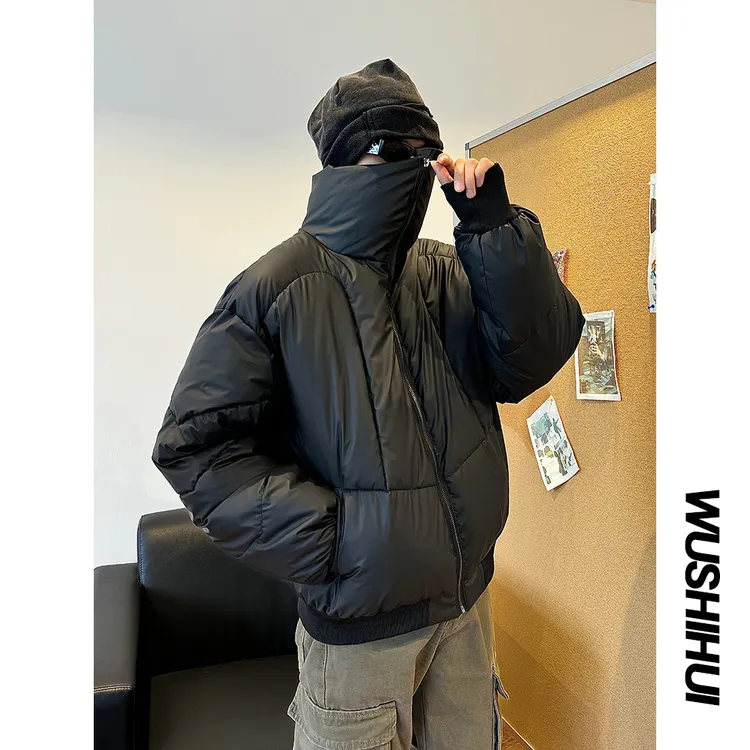 PU皮解构小众高领棉服男高领保暖短款棉衣美式休闲加厚面包服外套