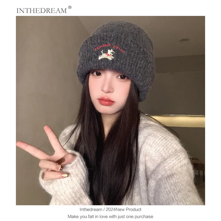 可爱小狗刺绣针织帽女2024年秋冬季毛线帽显脸小大头围冷帽子白色
