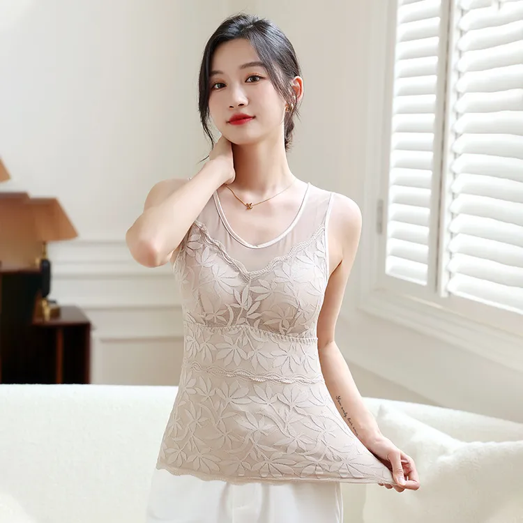 蕾丝保暖背心加绒厚女一体带胸垫免穿文胸打底衫内搭外穿无痕显瘦