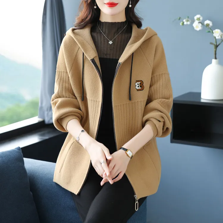 秋冬新款针织羊毛呢连帽外套女加肥加大码胖妈妈洋气拉链宽松上衣