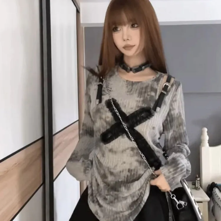 春秋美式辣妹破洞扎染抽绳长袖t恤女宽松上衣时尚百搭显瘦打底衫