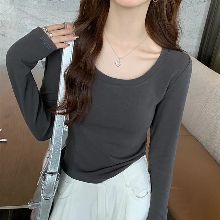 长袖打底衫女秋美拉德穿搭白色内搭纯色正肩t恤修身显瘦纯棉上衣