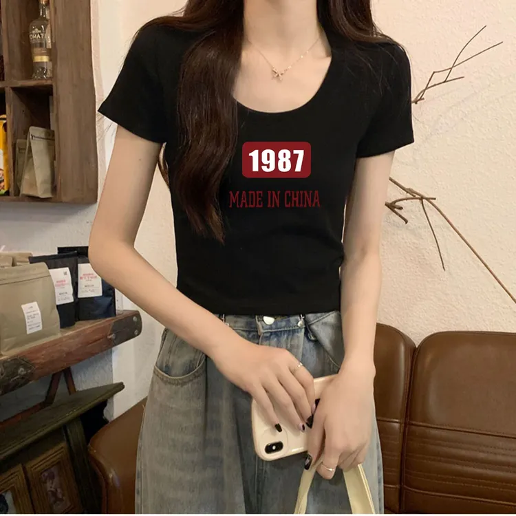 u领短袖t恤女夏季2023新款修身短款纯棉设计感小衫美式甜辣妹上衣
