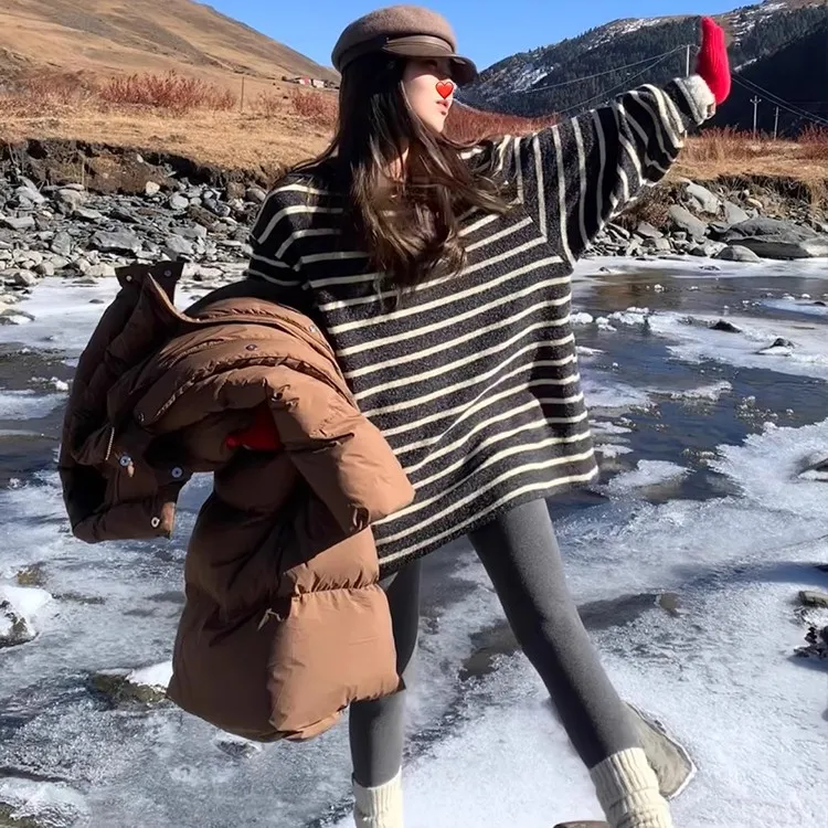 冬季新款奥利奥绒绒毛加厚慵懒宽松显瘦长袖条纹T恤女打底衫上衣