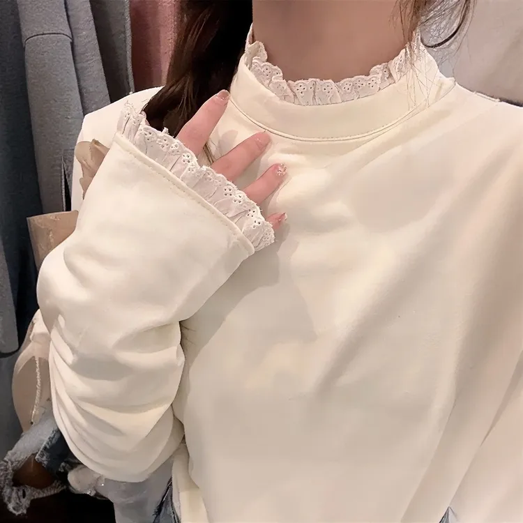 半高领蕾丝内搭加厚磨毛T恤女装2026冬季新款修身保暖打底衫上衣
