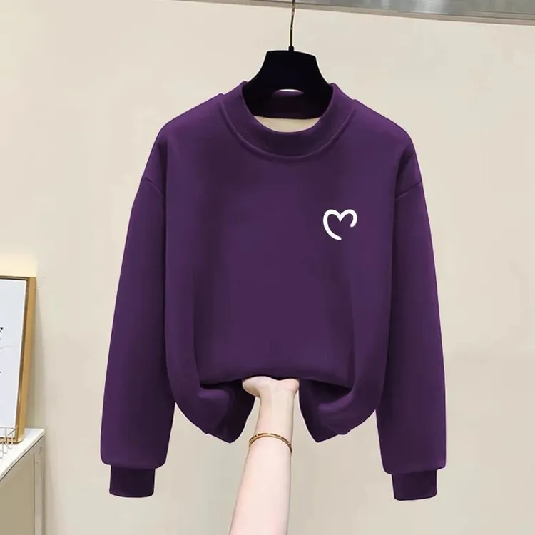 半高领套头印花打底衫加绒加厚卫衣女2024秋冬季新款宽松韩版外套