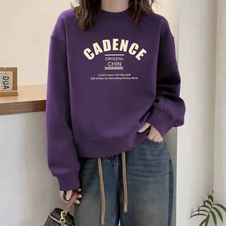 圆领套头打底衫加绒加厚卫衣女2024秋冬季新款宽松韩版潮情侣外套