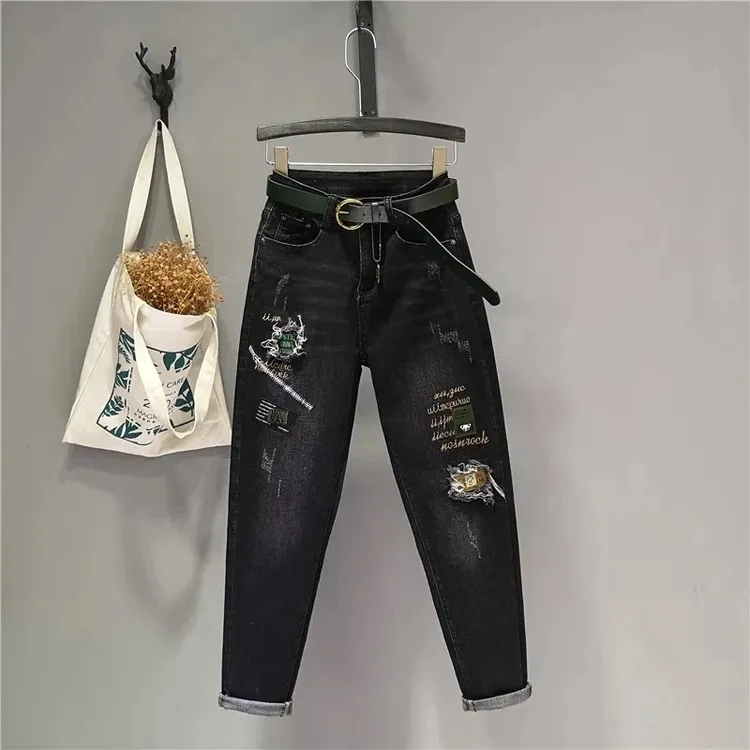欧货2024新款刺绣潮款高腰个性牛仔裤弹力宽松小脚哈伦裤时尚显瘦