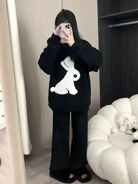 针织绒睡衣女冬季2024年新款可爱兔子加绒加厚家居服可出门套装冬
