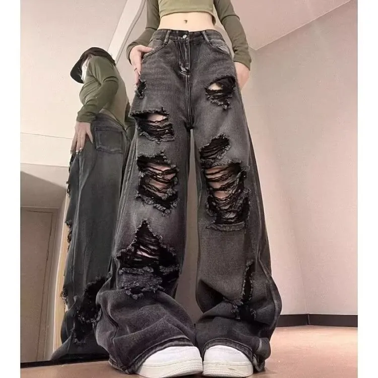 破洞牛仔裤男女bf风秋季新款美式个性直筒裤子小众潮流休闲长裤